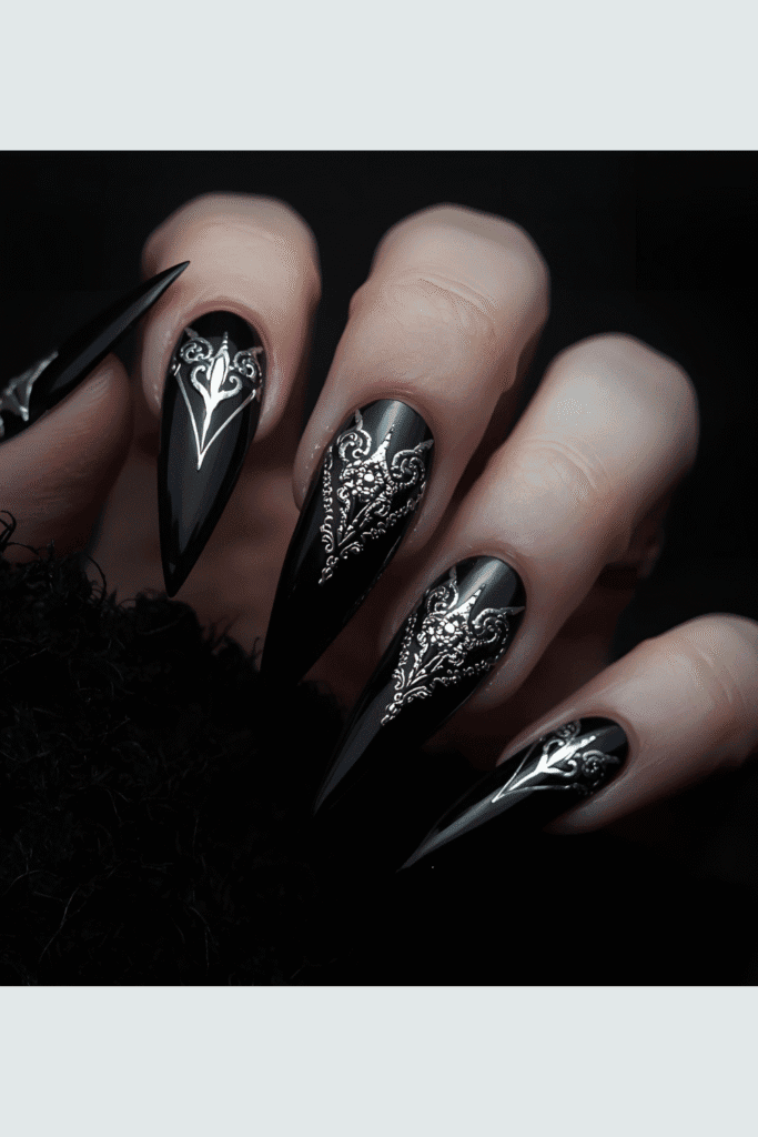 black and silver -Halloween nails 