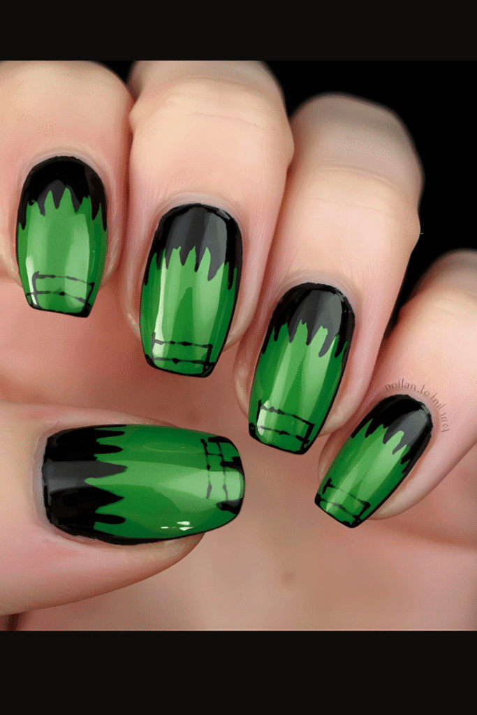 Frankenstein monster Halloween nails