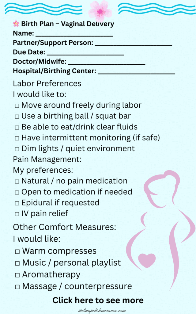 birth plan checklist for vaginal delivery