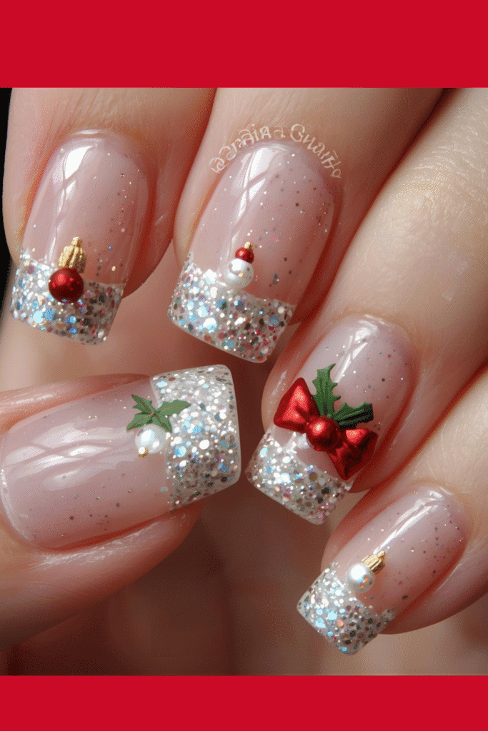 Chrismtas Nails- ormament glitter French Tip