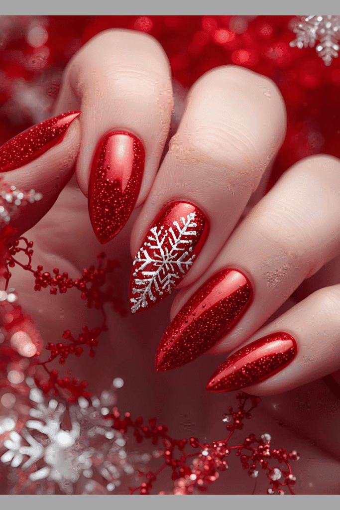 Formal long Red snowflake Christmas Nails 