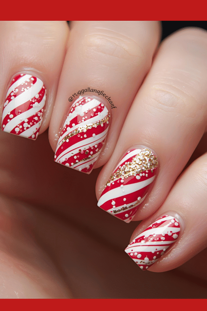 Gold and Red Candy Cane Nail Designs