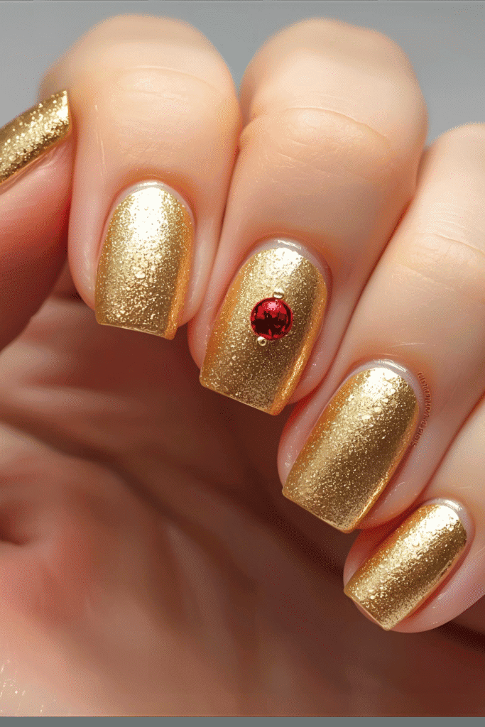 gold and red Nails with ornament- easy Christmas Nails 