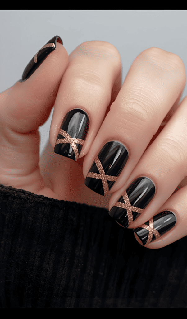 Black and gold ribbon nails for New year's 