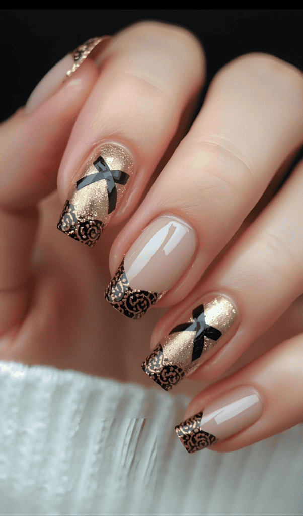 Black and gold ribbon nails 