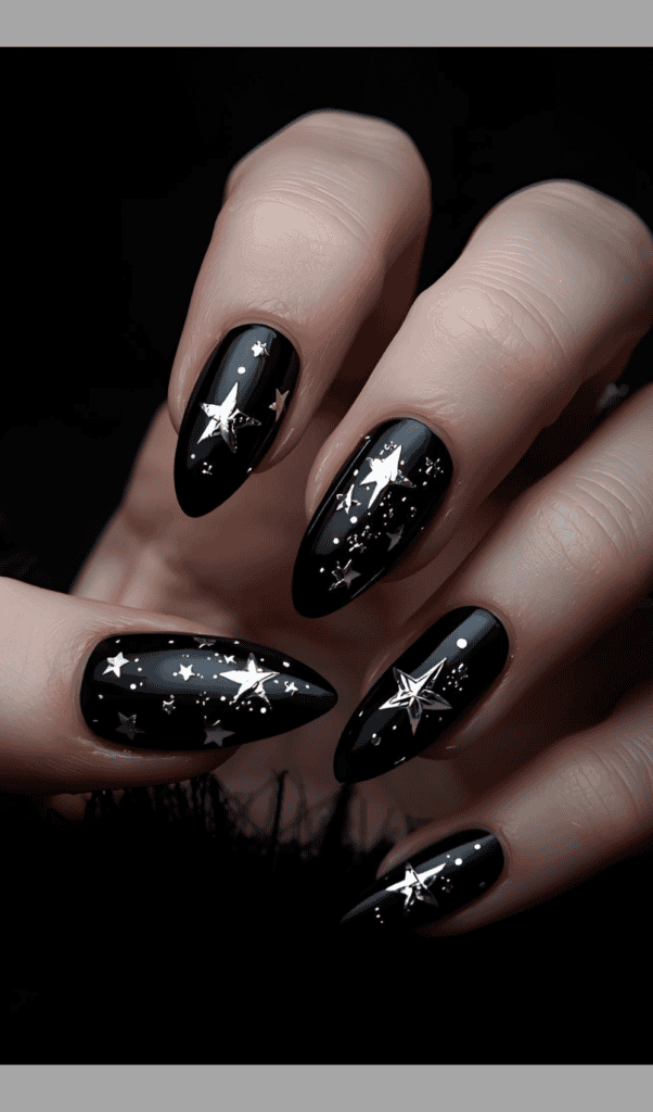 black and silver starry night nail designs - NYE Nails 