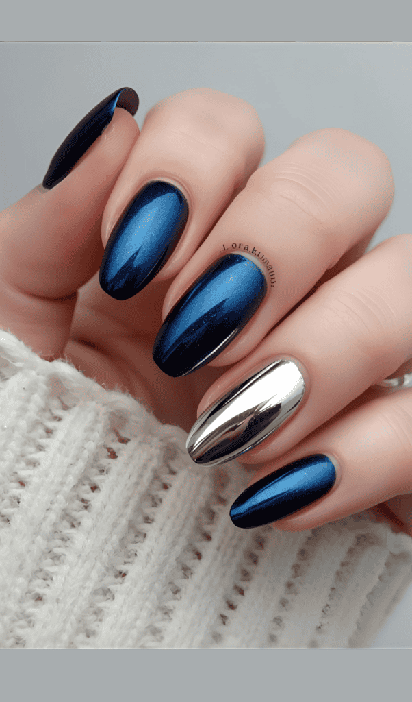 Blue and silver chrome nails 