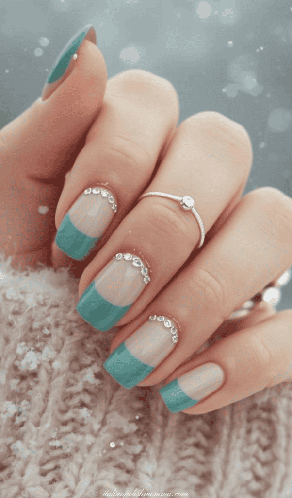 Teal French tips with gold details for winter