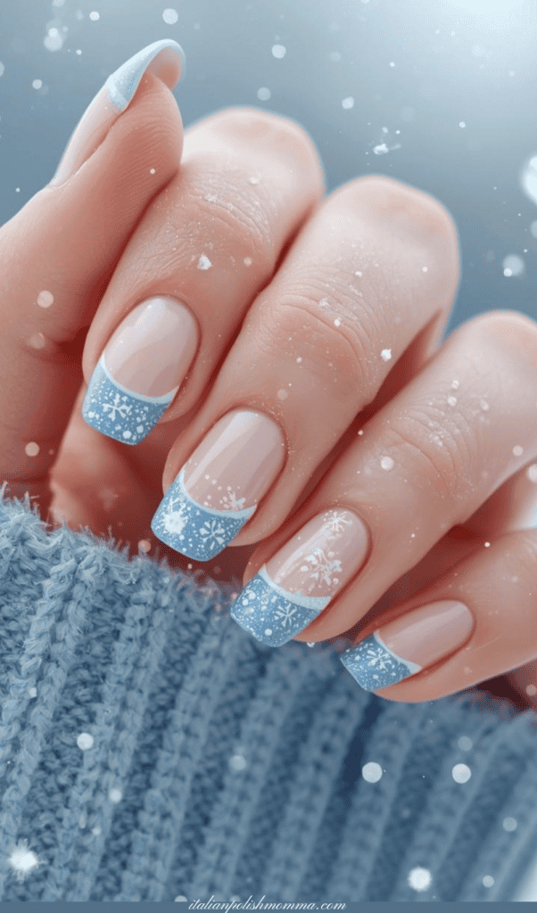 Ice blue snowflake winter French Tip nails 