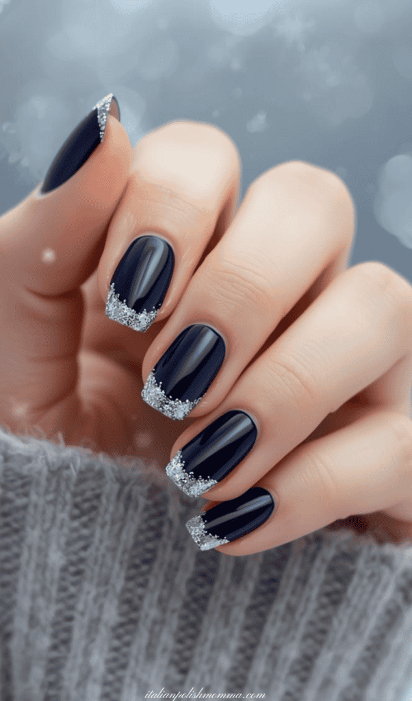 Dark blue and silver French tips for winter
