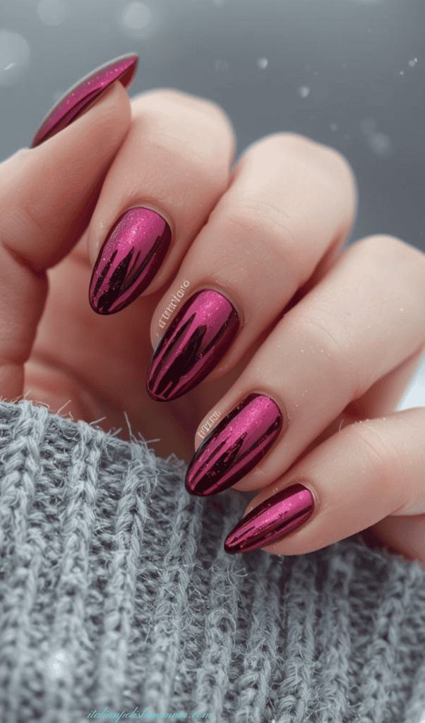 Dark pink chrome nails for winter