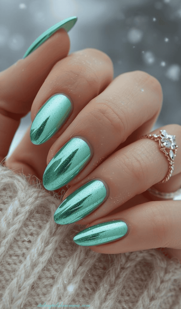 Mint green chrome nails for winter 