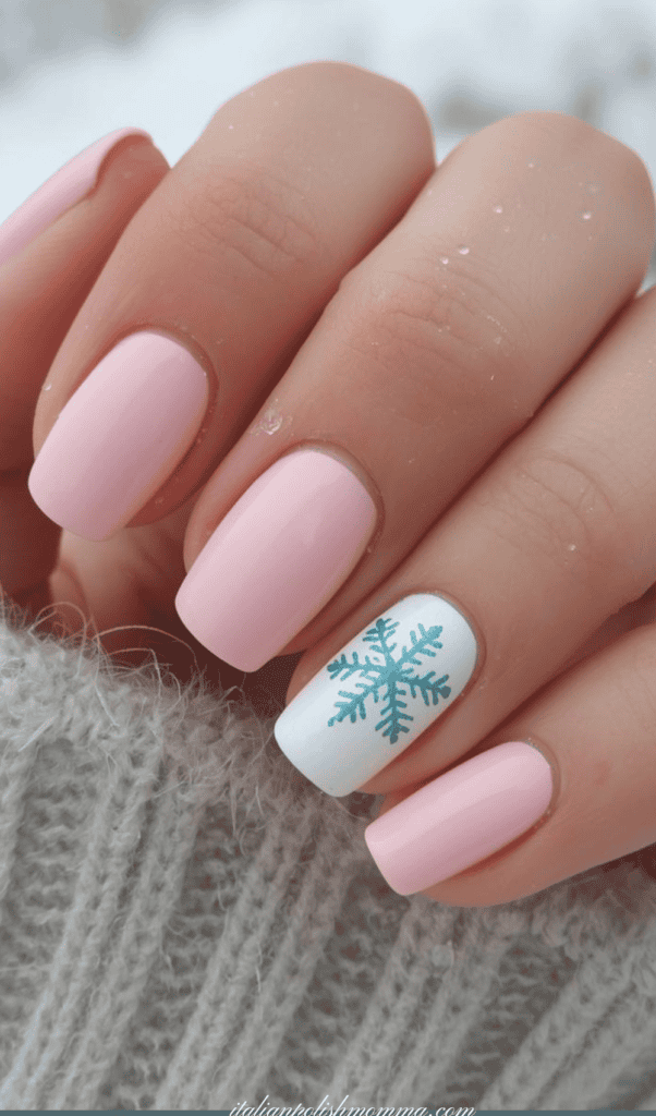 pink and teal snowflake nails 