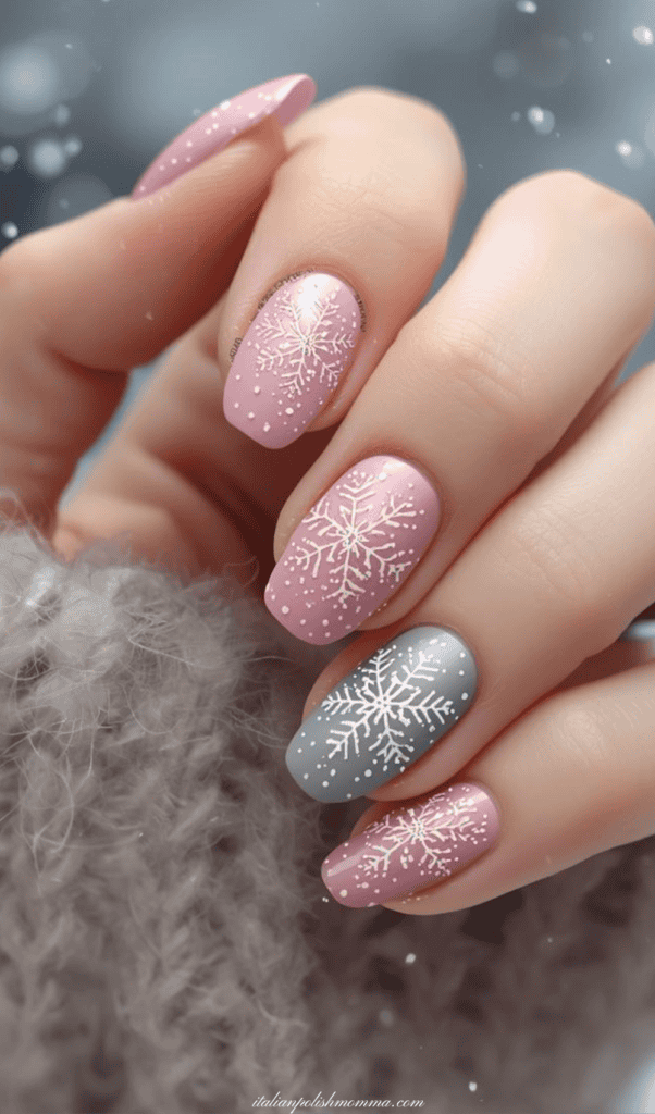 pink and gray snowflake winter nails