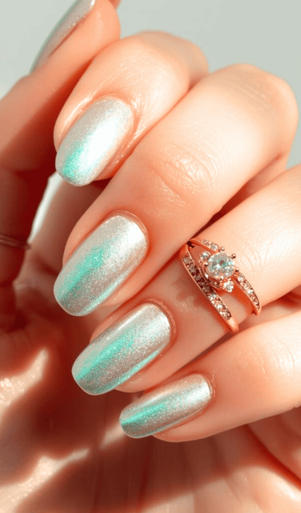 Silver and green tint nails for winter