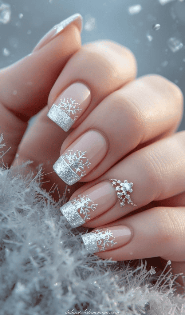 Silver Snowflake French Tips for Winter