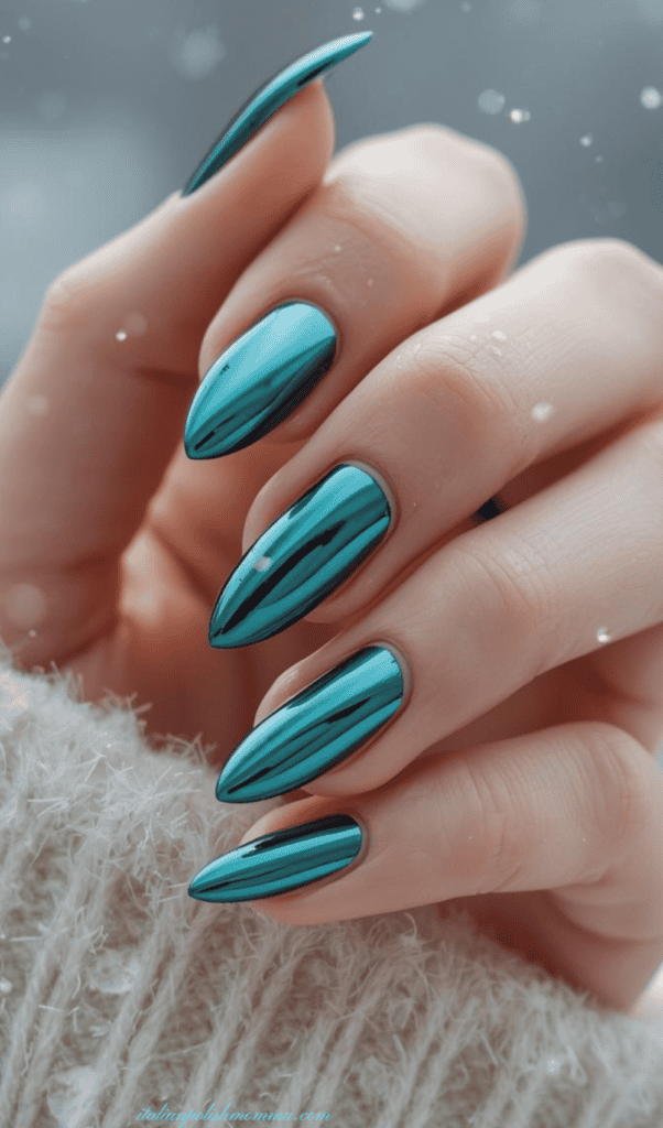 Teal chrome winter nails