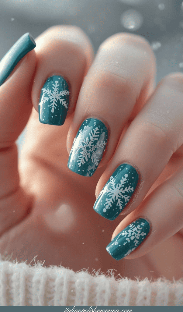 teal snowflake nails for winter