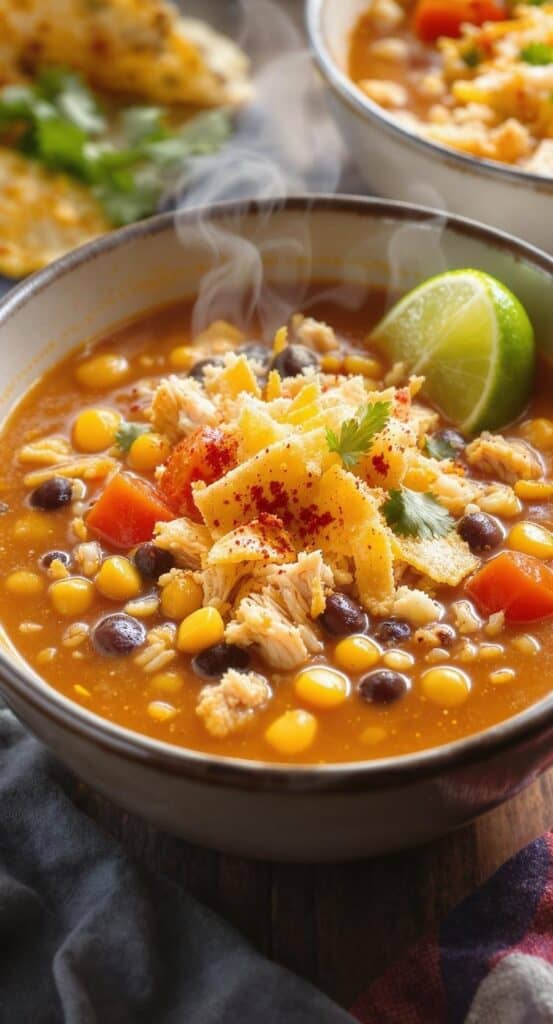bowl of chicken tortilla soup with lime wedge