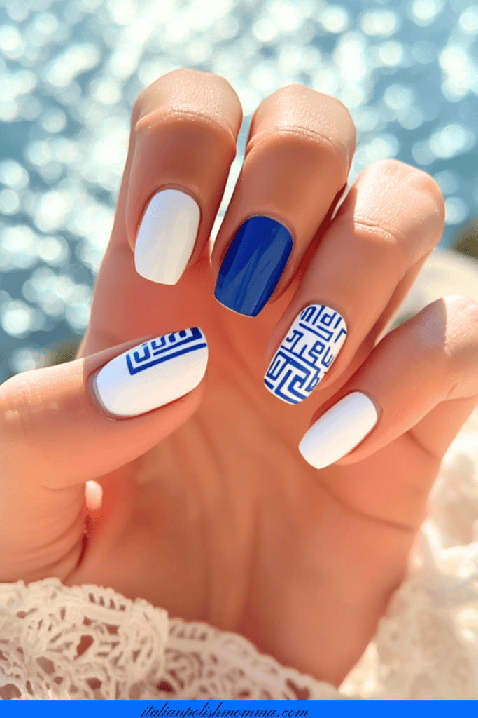 Blue and hwite Greek Nails for summer