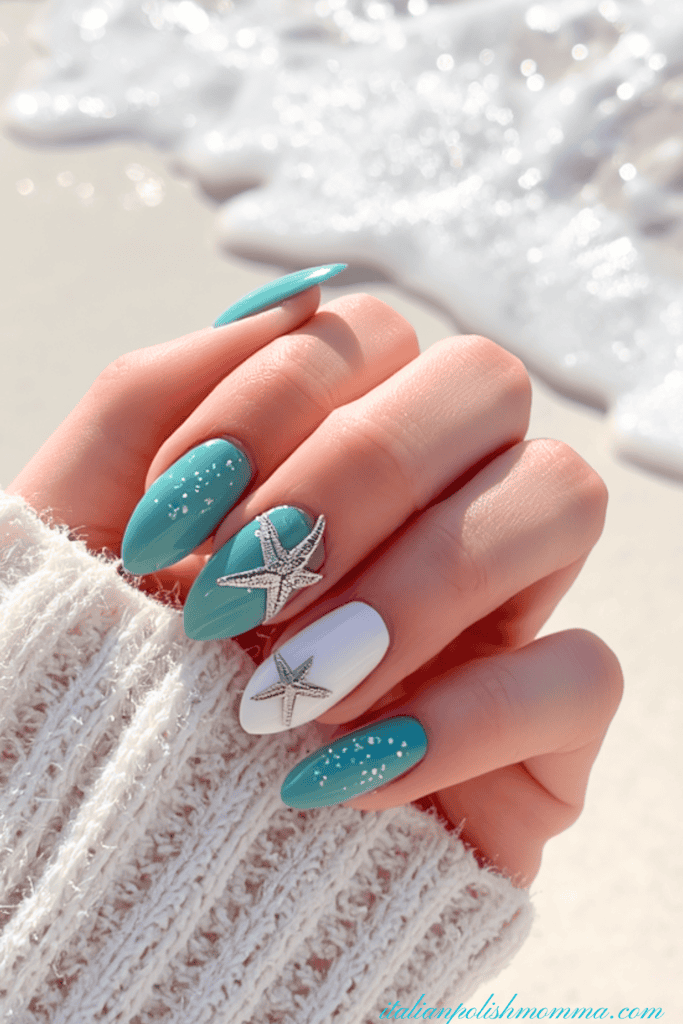Teal and starfish Beach Summer Nails