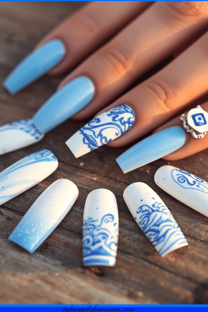 Blue and white Greece nails, long Greek nail trends