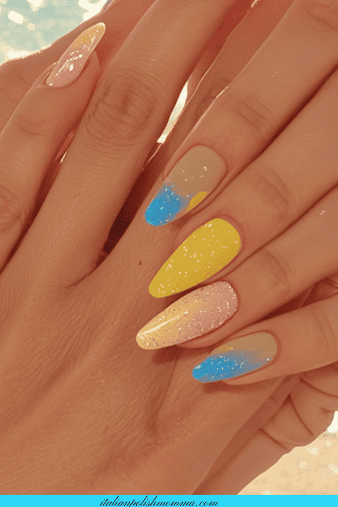 Yellow and teal sparkle nails - summer nail trends