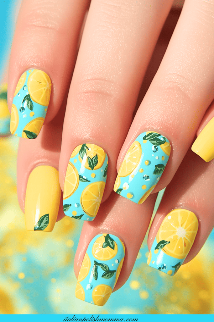 Lemon yellow nails fro summer - blue and yellow 