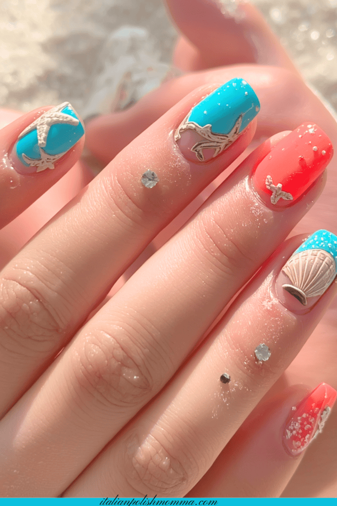Peachy coral and teal beach nails