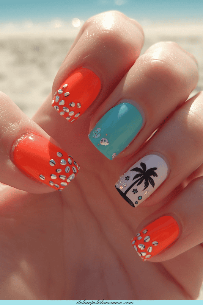 peach and blue palm tree nails