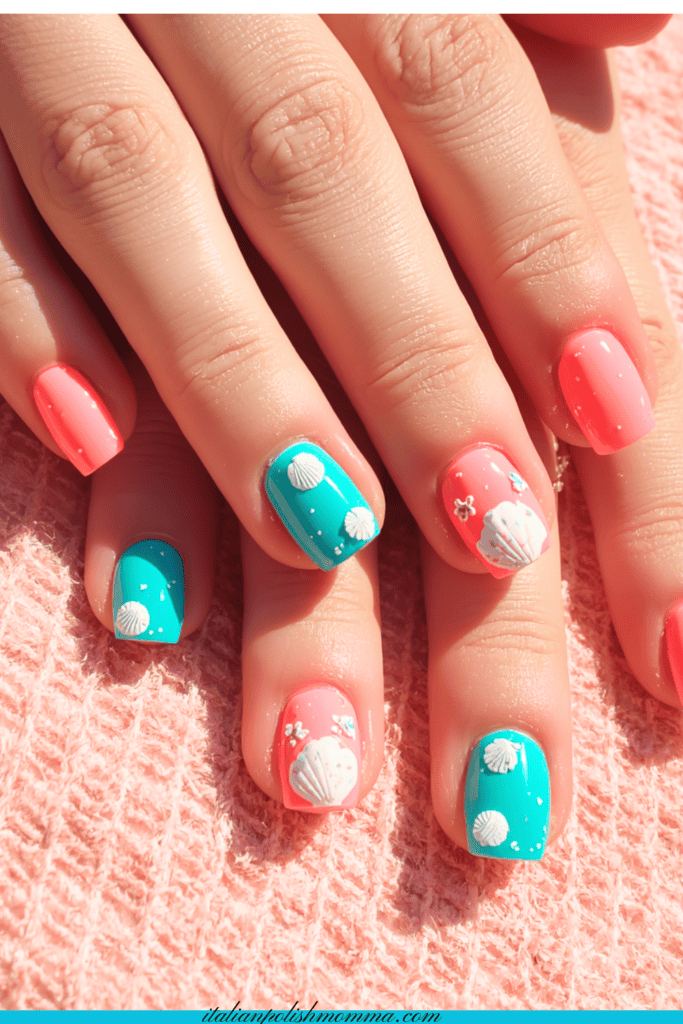 Peach and teal seashell nails for summer