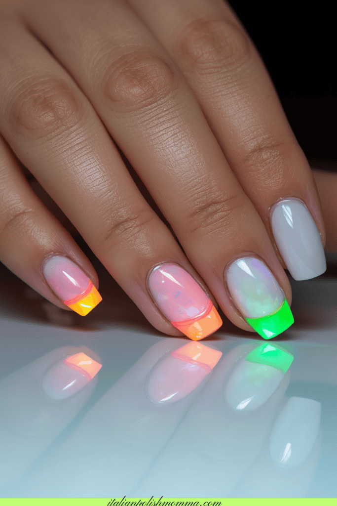Pretty white nails with neon tips