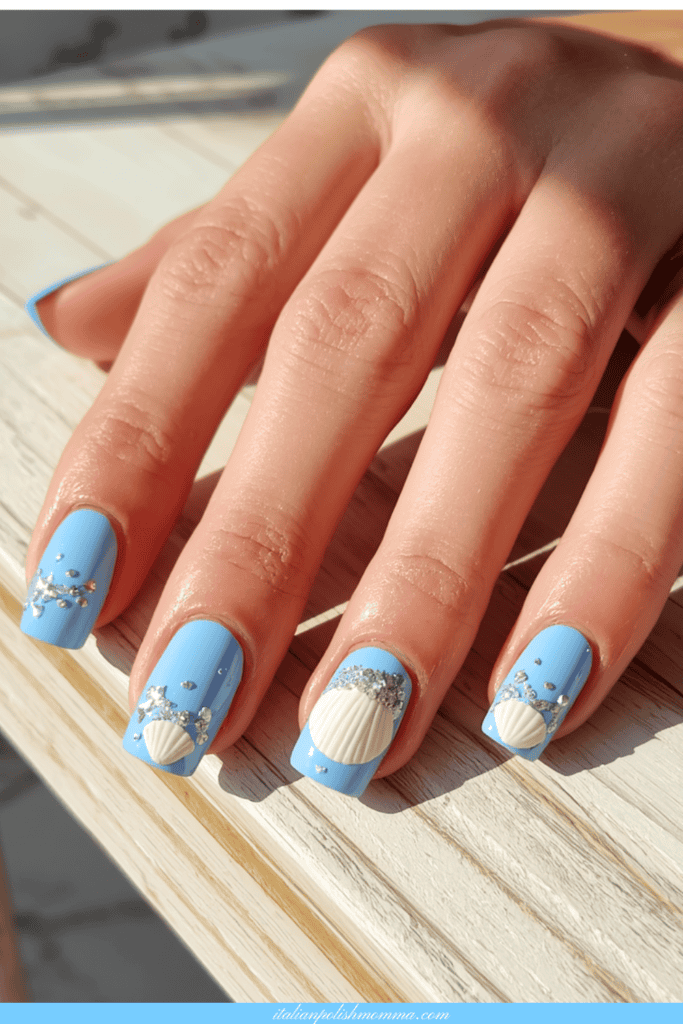 Seashell blue beach summer nails