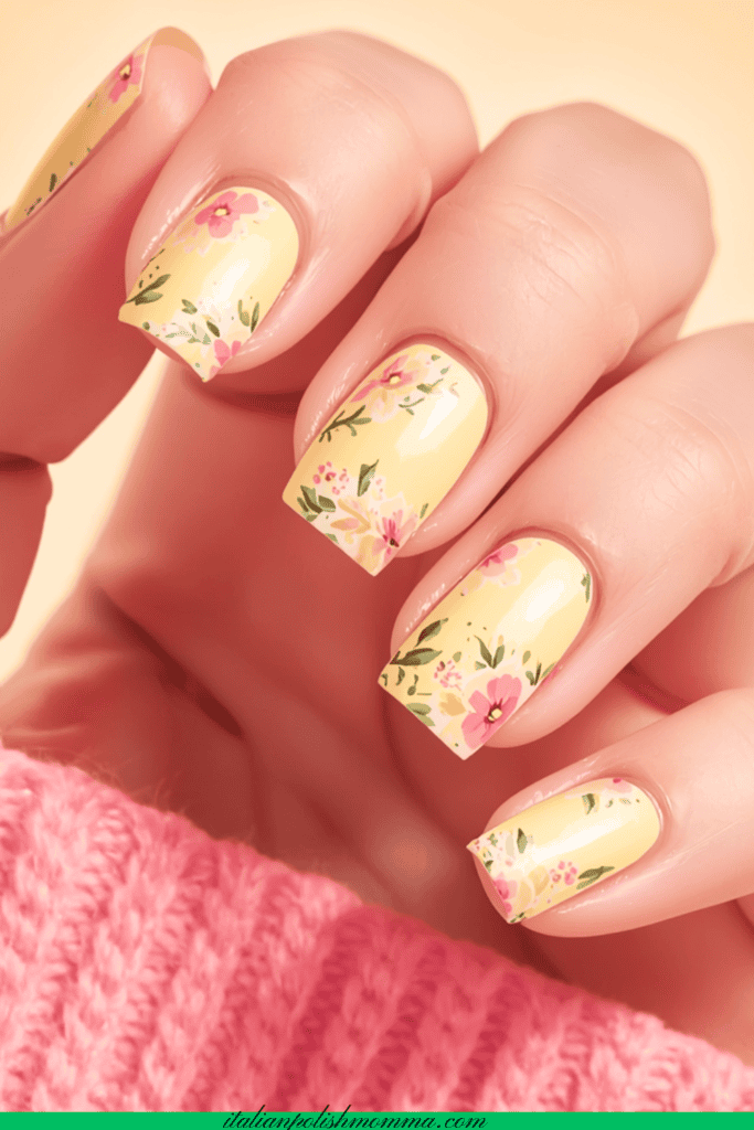 Soft yellow flower nails - summer nails