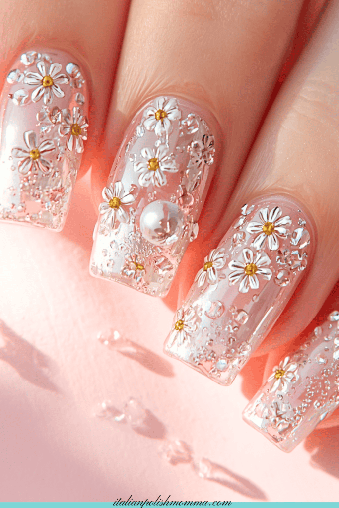 Summer Wedding Floral Glass water droplet nails