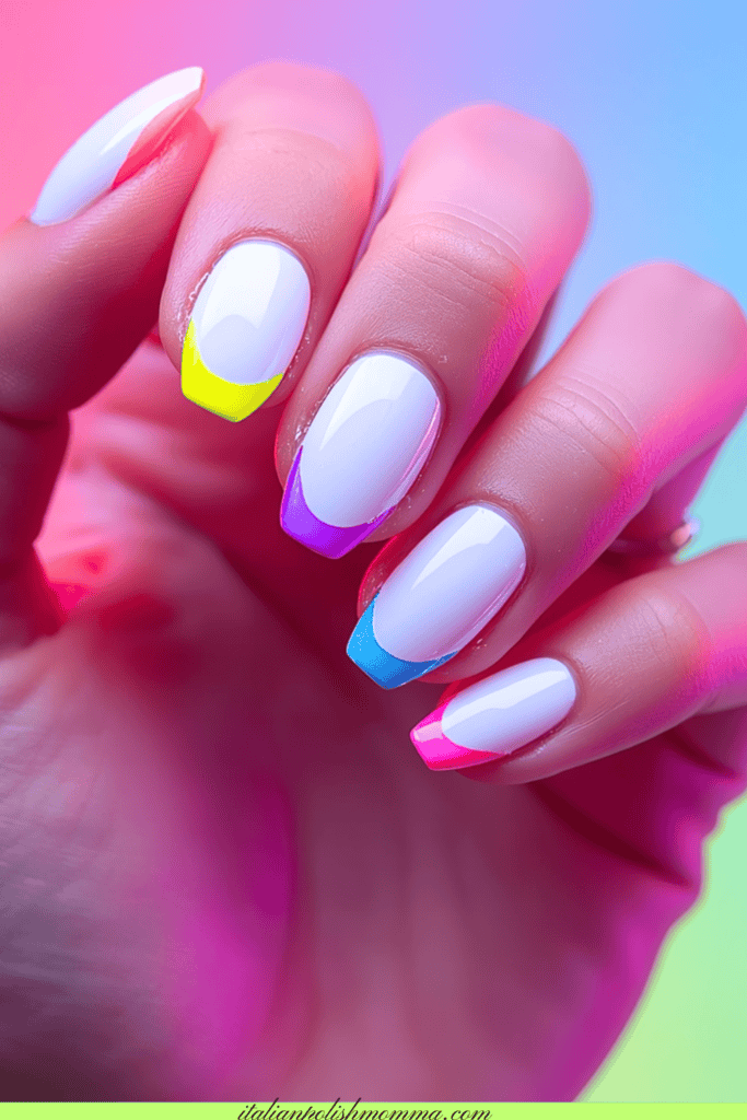 white nails with neon tips
