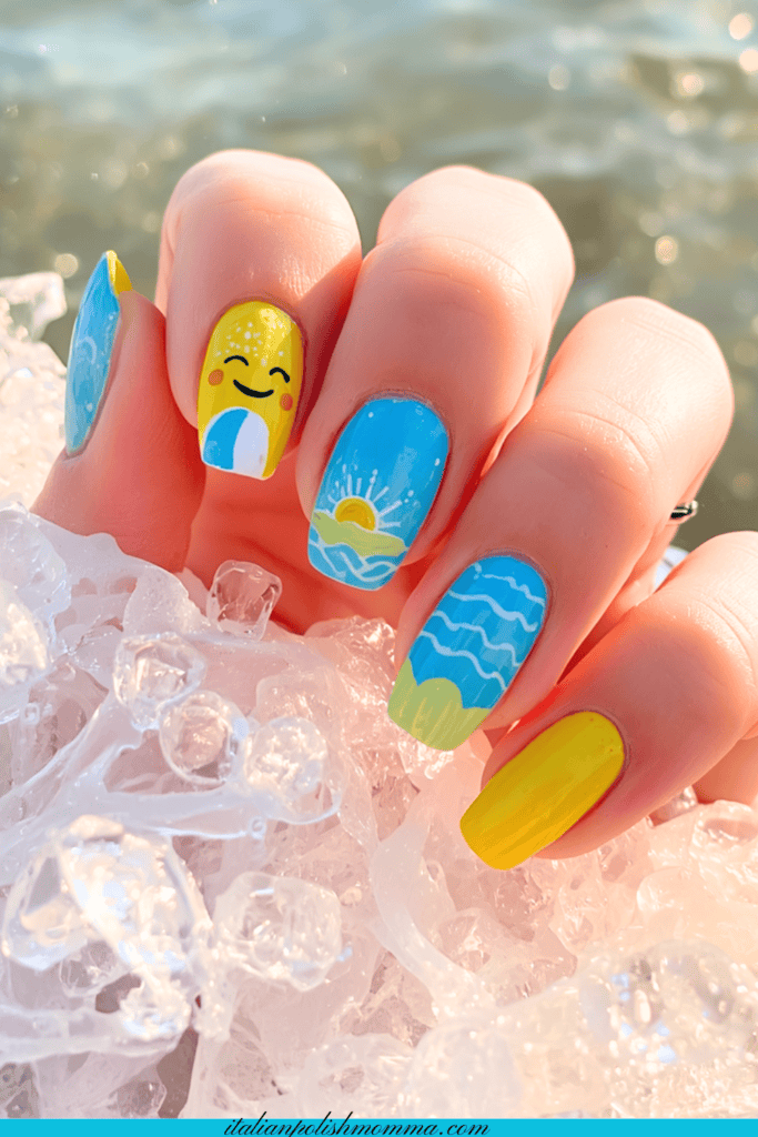Yellow and blue sun summer nails